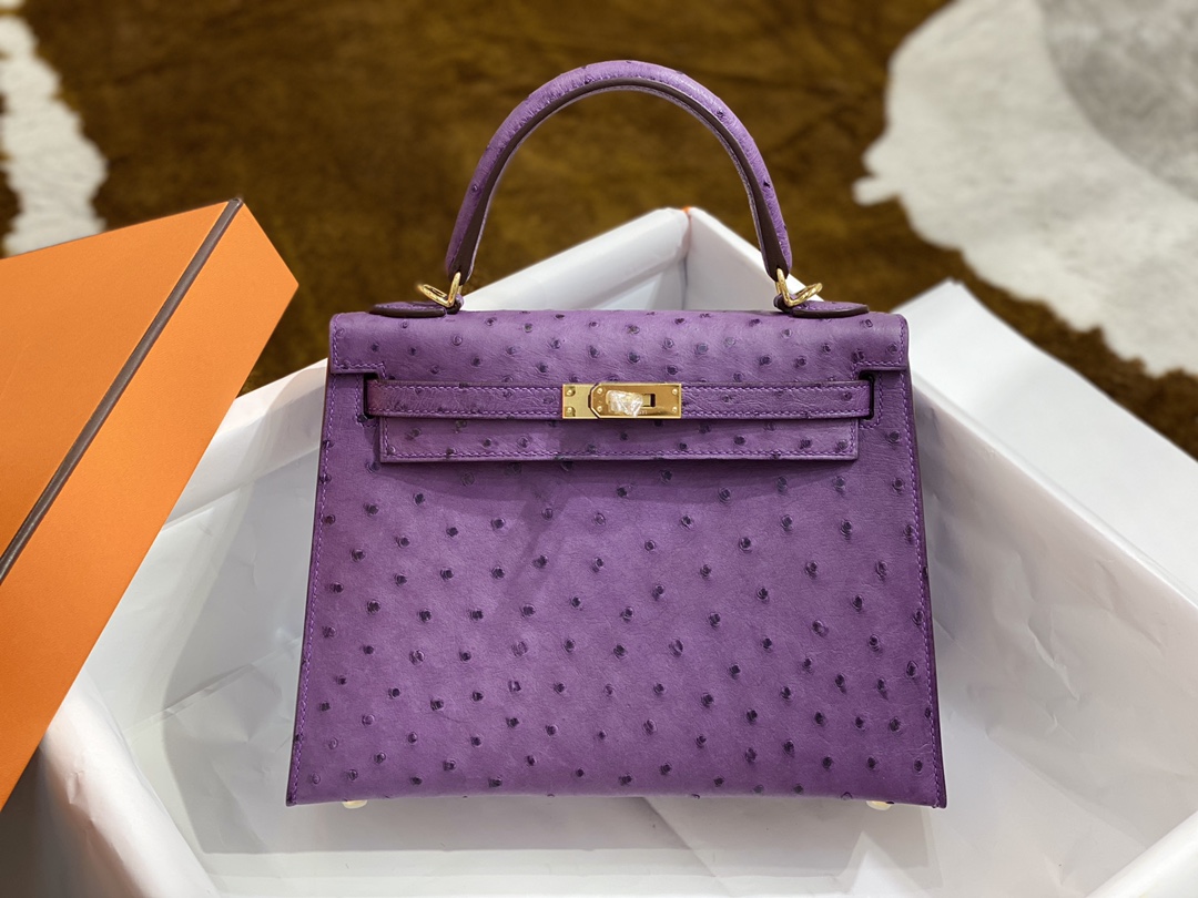 Hermes Kelly 25cm Handbag Shoulder Bag in Purple Ostrich Leather